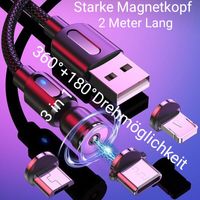 3in1 Magnet Ladekabel 2,4 A für alle Handy Modelle geeignet 2 Meter (Schwarz) Magnetladekabel drehbar 360°&180° 3 Stecker USB-Micro /USB-C/ Lightning