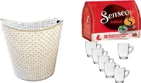 Senseo Kaffeepads Classic für geeignet Senseo und weitere Kaffeemaschinen Aktion+ 6 Kaffeebecher mit Henkel plus Wäschekorbaktion Rattan-Design 27 Liter