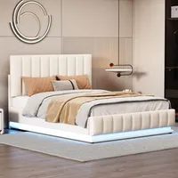 okwish Polsterbett 140 x 200 cm mit LED, Metalllattenrost & Bettkasten, Doppelbett mit höheverstellbarem Polsterkopfteil & hydraulischem Stauraum, beige (ohne Matratze)