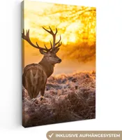 OneMillionCanvasses® - Obrazy na plátně - Jelen - Zvířata - Západ slunce - Zima - Vřes - Příroda, nástěnné umění, nástěnné dekorace Obývací pokoj, 60x90cm