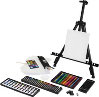 ECD Germany Malset mit Staffelei 140 Teilig, Künstler Set Acryl & Zeichenset, Buntstifte, Leinwand, Pinselset, Wasserfarben, Pastellkreide, Aluminium Standstaffelei, Malerei Set mit Atelierstaffelei
