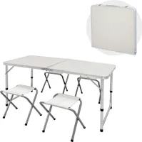 ECD Germany Kempingový stôl so 4 stoličkami, 120x60x55/63/70 cm, nastaviteľná výška, skladací, biely/krémový, z hliníka a MDF, kempingový nábytok so 4 stoličkami