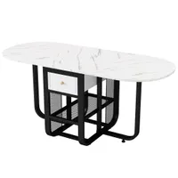 Esstisch mit Marmorstruktur und Schublade, Klappbarer Tisch mit Stauraum, Multifunktionaler Couchtisch, Weiß+Schwarz