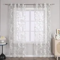 Joyswahl Vorhang Ausbrenner Ösenschal Voile Gardine mit Ösen Transparent mit Phönixblütenmuster Schlafzimmer Wohnzimmer, Grau HxB 145x140cm, 1 Stück