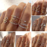 7-teiliges Ringset mit Stern-Mond-Kreuz-Twist-Strasssteinen, verstellbare Knöchelringe für Damen, exquisites Stapel- und Schichtringset