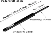 Universal Gasdruckfeder Gasdruckdämpfer Gasfeder mit Gewinde schwarz LÄNGE-360mm HUB-150mm KRAFT-450N