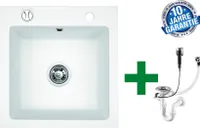 [Granitspüle 48x50 verschiedenen Farben]Hochwertig beidseitig Montierbar Küchenspüle Eckig Einbaugranitspüle Granit Spülbecken f. Unterschränke ab 45 cm inkl.Siphon Set, Farben:Weiß