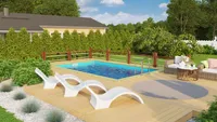 Aufstellpool Holzpool-Set Karibu Grösse 3 rechteckig 530x350x125 cm inkl. Bodenschutzvlies, Innenauskleidung mit Keilbiese & Leiter mit Plattform