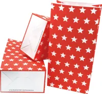 12 PAPIERTÜTEN MIT BODEN ROT, STERNE 12x7x24cm / Blockbodenbeutel, Tüte, Papierbeutel, Papiertüte, Geschenktüte