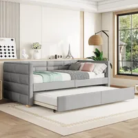 Merax Tagesbett Schlafsofa 90x200 mit Ausziehbett, Leinenbezug, Daybett, Polsterbett, Gästebett, Grau