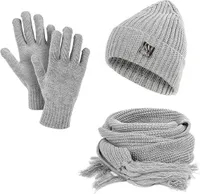 Damen Mütze Schal Handschuhe Set für Winter Beanie Strickmütze warm Winterschal mit Fransen Grau