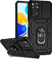 Redmi Note 11 Hülle mit Schiebe Kamera Schutz und Ringhalter Ständer Robust Rüstung Schutzhülle für Xiaomi Redmi Note 11 / Note 11S Schwarz
