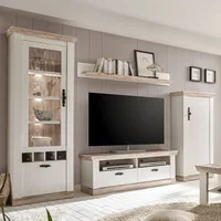 Wohnwand 4-tlg FERNA-61 mit TV-Lowboard im Landhaus Stil in Pinie weiß & dunkel Nb. mit B/H/T ca. 296x201x44cm