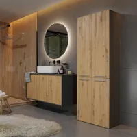 Badezimmerschrank mit 2 Wäschkorbe Nolan 2k DD geräumige Hochschrank für Badezimmer 4-türig Schrank, Farbe: Anthrazit + Artisan