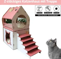 XL Katzenhaus Rosa Pink Katzenhütte Katzenbett Katzenliege Holzhaus Katzenhöhle mit Treppe, Katzenmöbel Indoor, Katzenhöhle mit Etagen