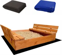Ladanas® Sandkasten mit faltbare Bänke und Abdeckung aus Holz- IMPRÄGNIERT -120 x 120 cm -Sandkiste Kinder incl. VLIES und ABDECKPLANE - faltbaren Bänken