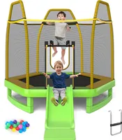COSTWAY φ223cm zahradní trampolína se skluzavkou, venkovní trampolína do 270 kg, dětská trampolína s žebříkem, bezpečnostní sítí, krytem hran a míčky Ocean, pro děti od 3 let