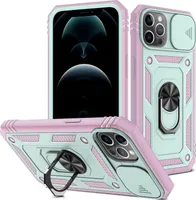 iPhone 12 / 12 Pro Hülle, Schiebe Kamera Schutz Robust Rüstung Stoßfest Schutzhülle mit Ringhalterung Ständer Kartenhalter für iPhone 12 / iPhone 12 Pro Weiß