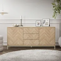 ML-Design Sideboard aus Holz mit Fischgrätenmuster, Kommode Eiche-Optik mit Gold Metallgestell, Anrichte mit 2 Türen und 3 Schubladen