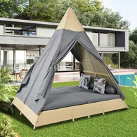 Merax Gartenliege mit Rattanzelt und Stahlrahmen, Gartenlounge Set für 2-4 Personen, Sonnenliege Doppelliege Gartenmöbel Set Balkonset, Outdoor, Grau