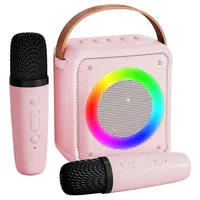 Karaoke Maschine, mit 2 kabellosen Mikrofonen, Bluetooth Lautsprecher mit Gesangsentferner, 3 LED-Lichtmodi, Mini Karaoke Maschine, Rosa