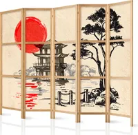 Paravent XXL Japan Orient Zen 225x171 cm - 5-teilig - einseitig - eleganter Sichtschutz - Raumteiler - Trennwand - Raumtrenner - Holz - Design Motiv - Deko p-B-0026-z-c