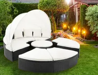 CASARIA® Sonnenliege Sonneninsel 230cm Wetterfest Mit Dach & 4 Kissen Relaxliege Gartenmöbel Set Auflagen Gartenliege Outdoor Polyrattan XXL Schwarz