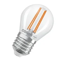 LED žárovka OSRAM LED Superstar Classic P 40 ve tvaru klasické mini koule, čiré skleněné tělo, 2,2 W, 470 lm, patice E27, teplé bílé světlo 2700 K, EEK A, průměr 45 mm.