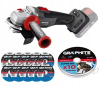 GRAPHITE Szlifierka Kątowa Akumulatorowa 125mm Bezszczotkowa + Tarcze do Metalu 10szt Zestaw