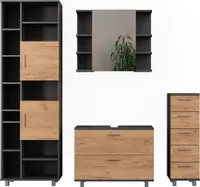 Vicco Badmöbel-Set Ilias, 4 Teile, mit Hochschrank, Anthrazit/Goldkraft Eiche