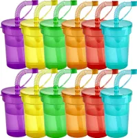 12 Trinkbecher mit Deckel & Strohhalm Kunststoff Becher Plastikbecher Mehrweg