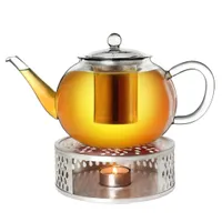 Creano Teekanne aus Glas 1,2l + ein Stövchen aus Edelstahl, 3-teilige Glasteekanne mit integriertem Edelstahl Sieb und Glasdeckel, ideal zur Zubereitung von losen Tees, tropffrei
