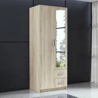 2-türig Kleiderschrank mit Schubladen Roma 80 cm Schrank mit Drehtüren Garderobeschrank mit Spiegel, Farbe: Sonoma