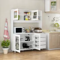 Freistehender Küchenschrank mit Glastüren, Buffetschrank Vitrinenschrank mit Einlegeböden und Schubladen,Modernes Sideboard mit Hutch und Haken 160 cm
