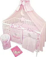 16 Teiliges Babybett Kinderbett und Bettwäsche komplett Set Timmi inkl. Matratze höhenverstellbar für Neugeborene Babys und Kleinkinder aus Massivholz (Rosa - Teddybär Mond)