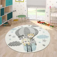 Kinderzimmer Teppich Blau Grau Heißluftballon Wolken Tiere 3-D Design Pastell Grösse Ø 120 cm Rund