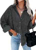 ASKSA Damen Bluse Reverskragen Langarm Cord Herbst Hemdjacke Knöpfen Cardigan Oberteil, Dunkelgrau, L