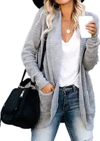 ASKSA Damen lässig Langarm Strickpullover lässigStrickjacke Casual Weicher, Hellgrau L