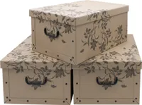 3er Set Aufbewahrungsbox mit Deckel 51 x 37 cm - Braun mit Blumenmuster - Stapelbox aus Pappe mit Griffen 45 Liter - Organizer Storage Box Allzweck Spielzeug Kiste Geschenk Karton stapelbar
