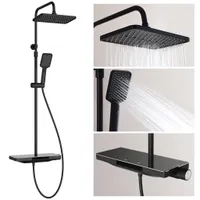 Homelody Schwarz Duschsystem mit Thermostat,Handbrause,Regendusche Armatur,Badezimmer Duscharmatur Komplettset,Thermostatdusche mit Stauraum,Messing