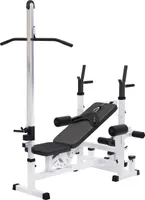 GORILLA SPORTS® Kraftstation - Hantelbank mit verstellbare Hantelablage, Latzugturm, Butterfly, Beincurler, Weiss - Trainingsbank, Fitnessstation, Trainingsstation