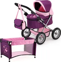 Bayer Design 13057AB Trendy Puppenwagen Set mit Bett und Tasche, verstellbarer Griff, große Räder, pflaume, rosa