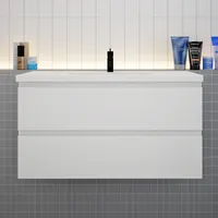 Badezimmermöbel 100cm CINIC-Serie Mineralguss Waschtisch mit Unterschrank Hängeschrank Badezimmerschränke mit 2 Schubladen Weiß Matt