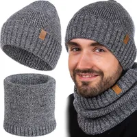 Beanie Herren Winter Set Mütze Schlauchschal Strickmütze Rundschal Wintermütze Übergangsmütze mit Bündchen Schal  Halswärmer 2er Grau
