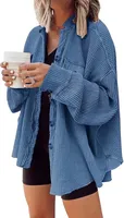 ASKSA Damen Waffelstrick Bluse Hemdjacke Fledermausärmel Button Down Strickjacke Jacke, Blau, M