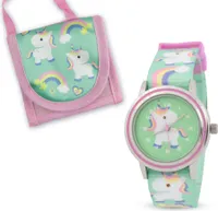 Kinderarmbanduhr mit Brustbeutel Textilarmband Einhornmotiv für Mädchen Einschulung