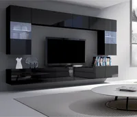 Moderne Wohnwand mit Beleuchtung in schwarz Hochglanz CAIRNS-132, B/H/T ca. 300/200/43 cm