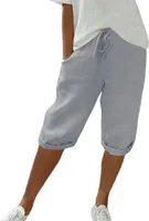 Damen Leinen-Shorts Sommer Knielang mit Kordelzug, Luftig und Bequem, Hohe Taille, Casual Strandhose