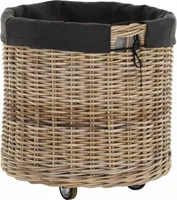KRINES HOME Großer Rollkorb mit Griffen / Holzkorb mit Rollen aus grauem Natur Rattan / Aufbewahrung Holz-Wagen Räder Kaminholz-Korb Kamin Allzweck-Korb mit Inlett (Rund)