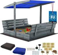 KOTARBAU® Sandkasten mit Abdeckung 140 x 140 cm Großer Grau Holzsandkasten mit Blau Dach Sandkasten mit Deckel Sandkasten mit Dach Gartenspielzeug Kinder imprägniert verschließbar mit Bänken
